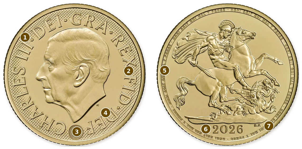 Sterlina d'oro 2026, dritto e rovescio, con sette numeri sui punti da guardare
